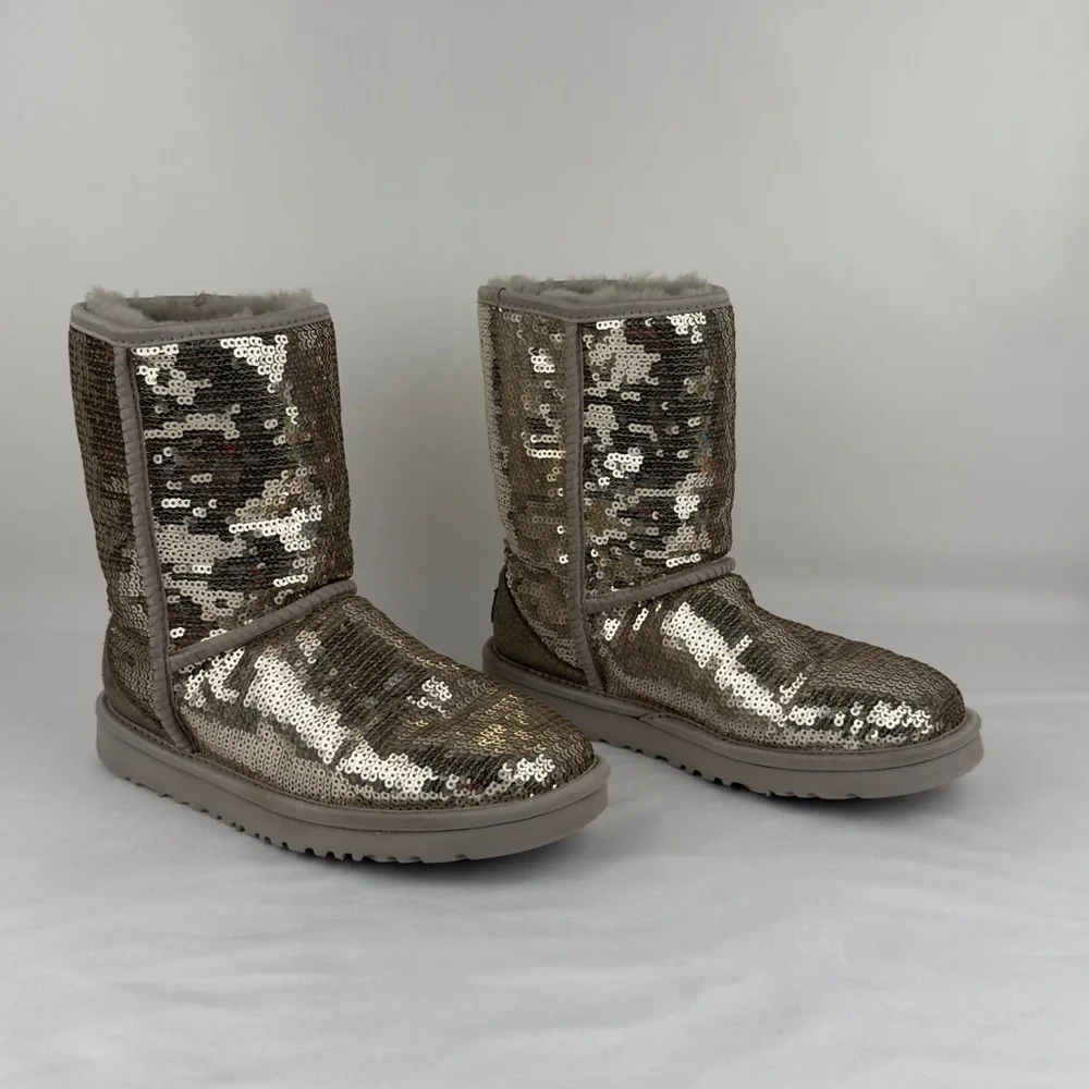 UGG Classic Short Sequin Sparkle Boots Silver Womens US 5